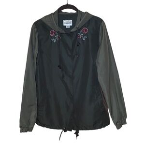 Embroidered Floral Roses Windbreaker Lightweight Boho Jacket Green Small